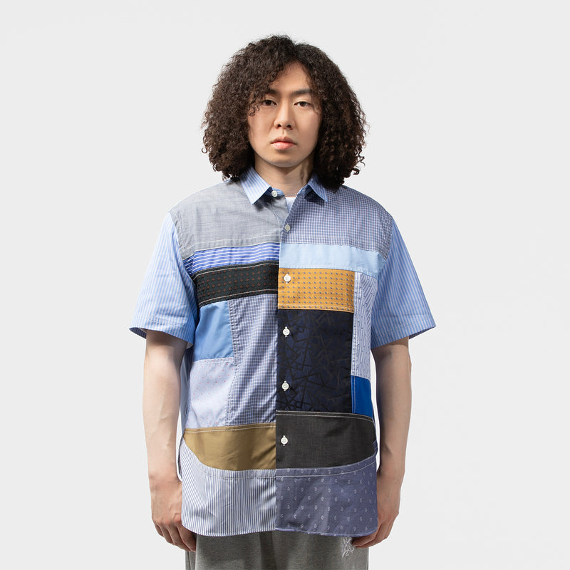 COTTON STRIPE x MULTI MATERIAL PATCHWORK SHIRT