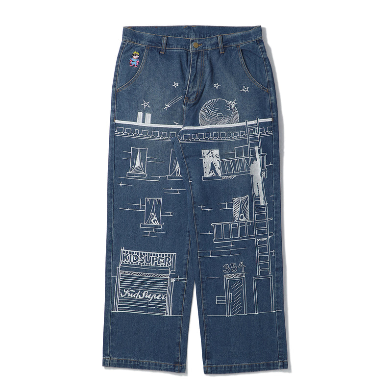 KidSuper(キッドスーパー)｜Fire Escape Embroidered Jeans(ファイヤーエスケイプエンブロイダードジーンズ)｜【公式通販 UNIONT TOKYO】｜ユニオントーキョー
