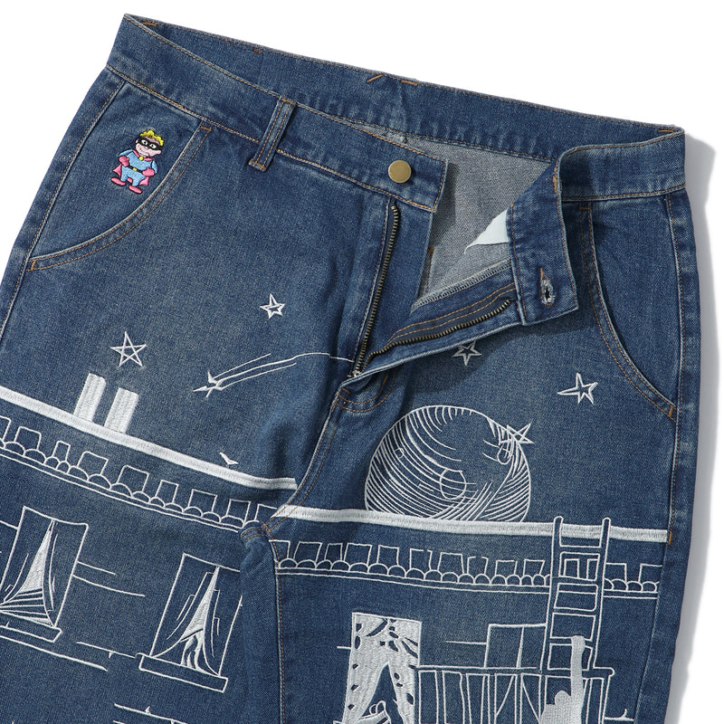 KidSuper(キッドスーパー)｜Fire Escape Embroidered Jeans(ファイヤーエスケイプエンブロイダードジーンズ)｜【公式通販 UNIONT TOKYO】｜ユニオントーキョー