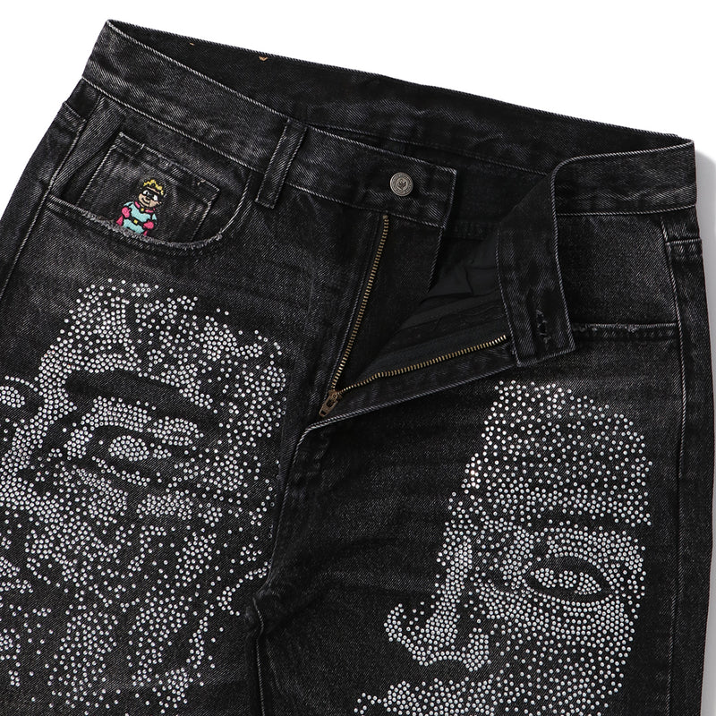 KidSuper（キッドスーパー）/ BOTTOMS（ボトムス）/ BLACK-RHINESTONE FACE JEANS商品 / BLACK